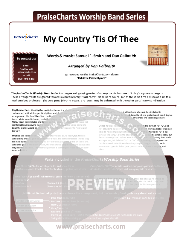 My Country Tis Of Thee Cover Sheet (PraiseCharts Band / Arr. Daniel Galbraith)