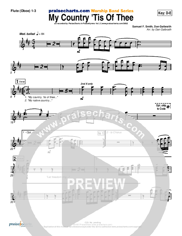 My Country Tis Of Thee Flute/Oboe 1/2/3 (PraiseCharts Band / Arr. Daniel Galbraith)