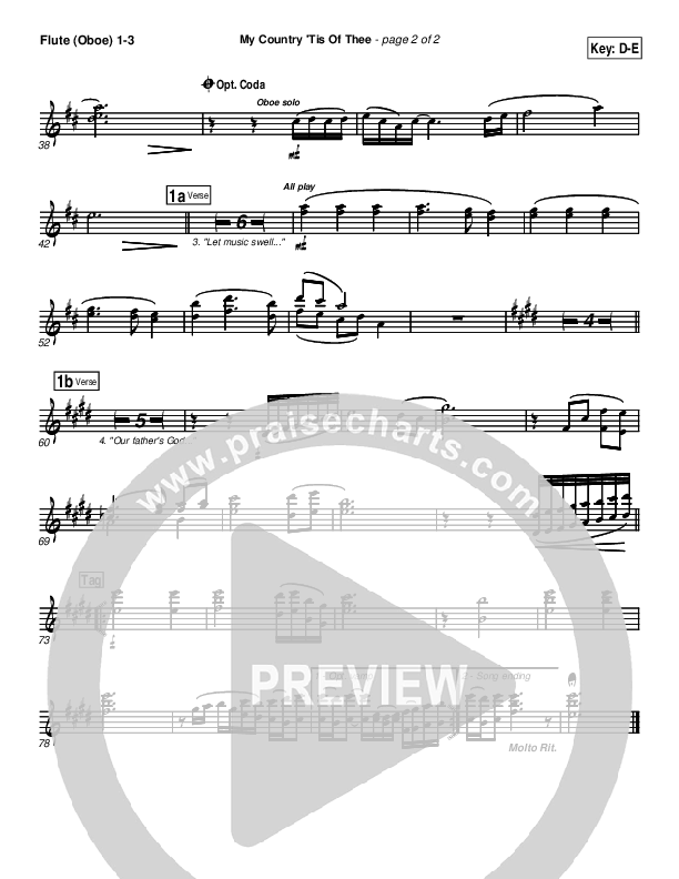 My Country Tis Of Thee Flute/Oboe 1/2/3 (PraiseCharts Band / Arr. Daniel Galbraith)