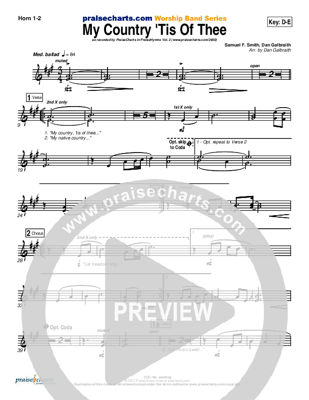 My Country Tis Of Thee French Horn 1/2 (PraiseCharts Band / Arr. Daniel Galbraith)
