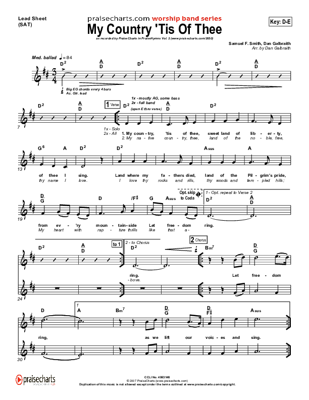My Country Tis Of Thee Lead Sheet (PraiseCharts Band / Arr. Daniel Galbraith)