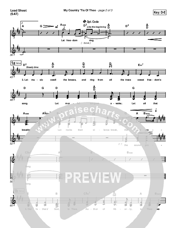 My Country Tis Of Thee Lead Sheet (PraiseCharts Band / Arr. Daniel Galbraith)