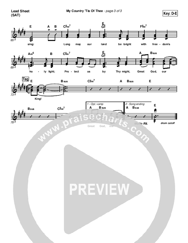 My Country Tis Of Thee Lead Sheet (PraiseCharts Band / Arr. Daniel Galbraith)