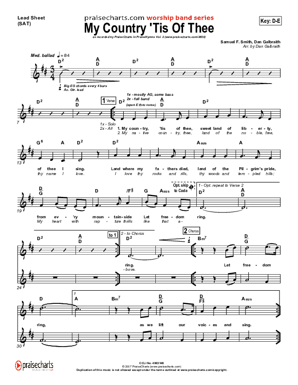 My Country Tis Of Thee Orchestration (PraiseCharts Band / Arr. Daniel Galbraith)