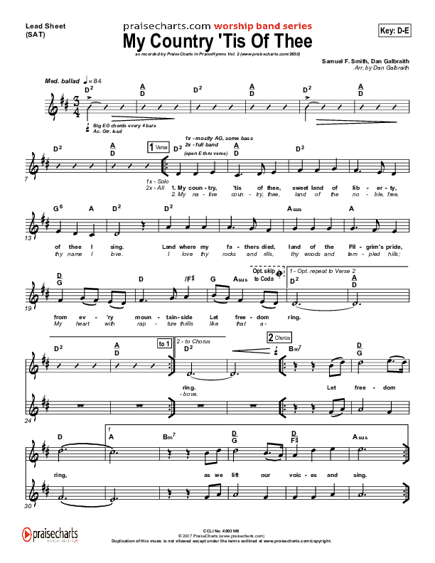 My Country Tis Of Thee Lead Sheet (SAT) (PraiseCharts Band / Arr. Daniel Galbraith)