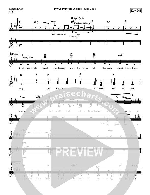 My Country Tis Of Thee Lead Sheet (SAT) (PraiseCharts Band / Arr. Daniel Galbraith)