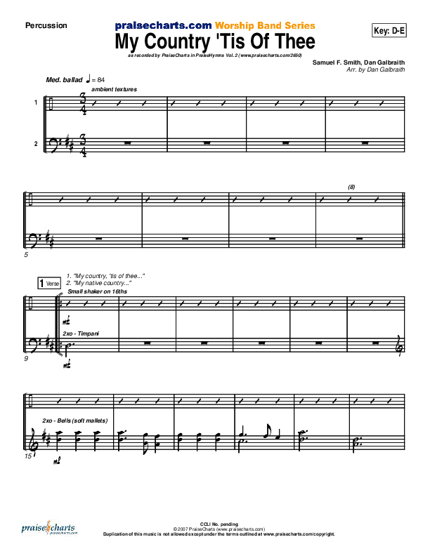 My Country Tis Of Thee Percussion (PraiseCharts Band / Arr. Daniel Galbraith)