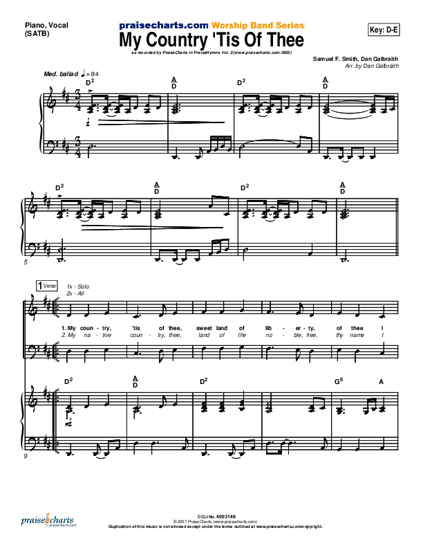 My Country Tis Of Thee Piano/Vocal (PraiseCharts Band / Arr. Daniel Galbraith)