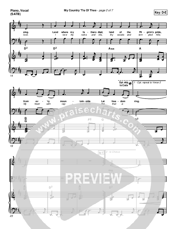My Country Tis Of Thee Piano/Vocal (PraiseCharts Band / Arr. Daniel Galbraith)