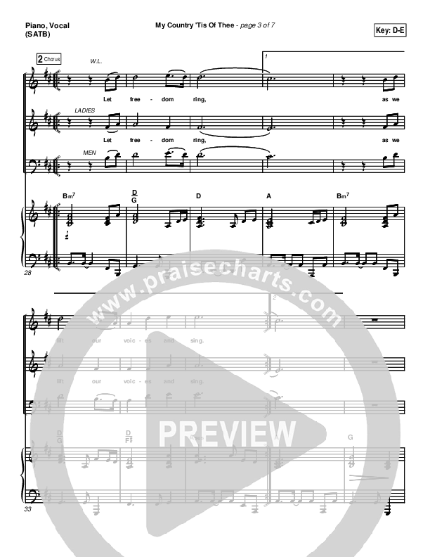 My Country Tis Of Thee Piano/Vocal (PraiseCharts Band / Arr. Daniel Galbraith)