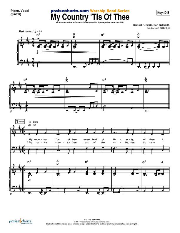 My Country Tis Of Thee Piano/Vocal (SATB) (PraiseCharts Band / Arr. Daniel Galbraith)