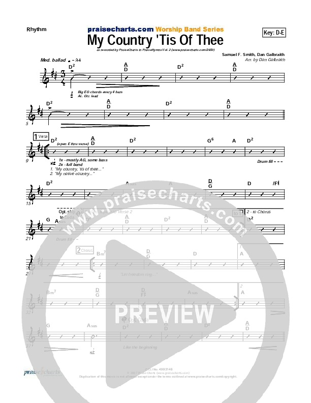 My Country Tis Of Thee Rhythm Chart (PraiseCharts Band / Arr. Daniel Galbraith)