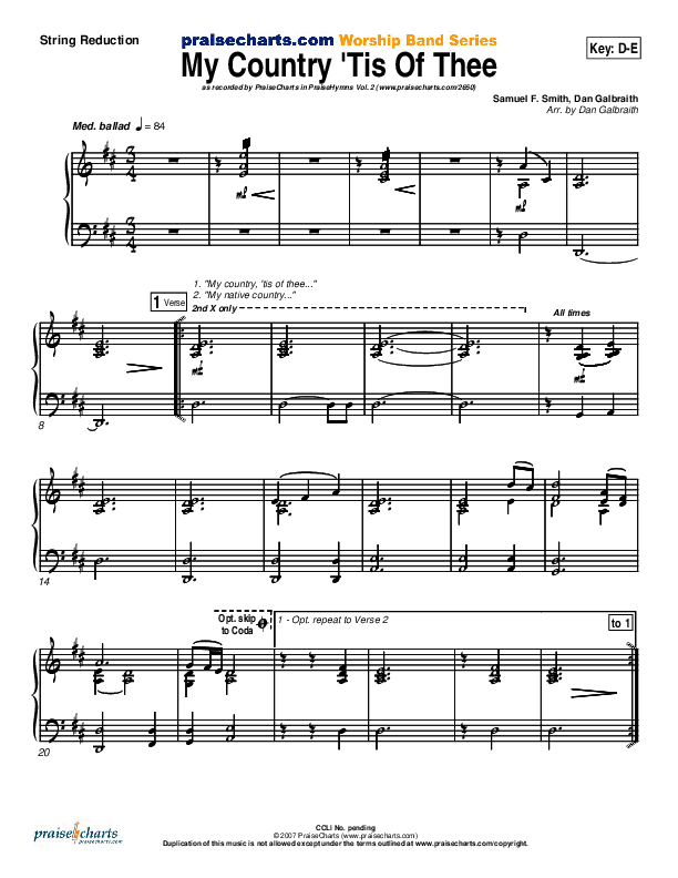 My Country Tis Of Thee Synth Strings (PraiseCharts Band / Arr. Daniel Galbraith)