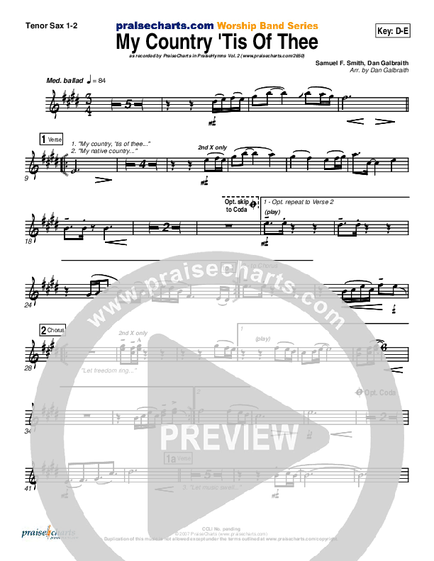 My Country Tis Of Thee Tenor Sax 1/2 (PraiseCharts Band / Arr. Daniel Galbraith)