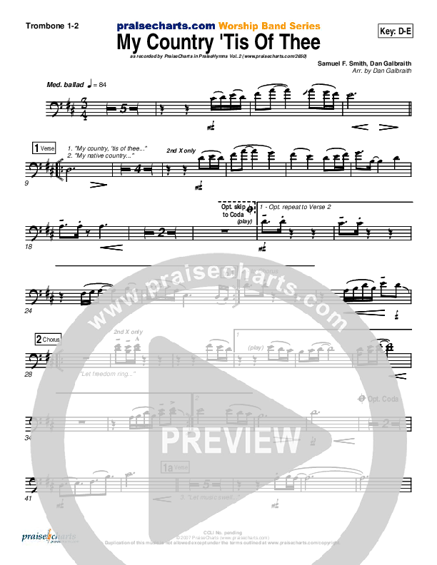 My Country Tis Of Thee Trombone 1/2 (PraiseCharts Band / Arr. Daniel Galbraith)