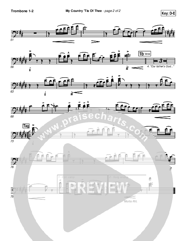 My Country Tis Of Thee Trombone 1/2 (PraiseCharts Band / Arr. Daniel Galbraith)