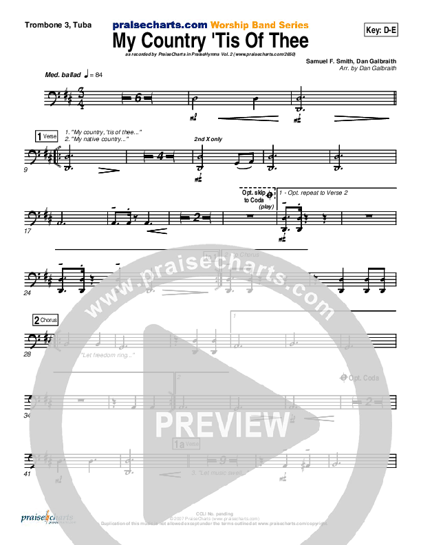My Country Tis Of Thee Trombone 3/Tuba (PraiseCharts Band / Arr. Daniel Galbraith)