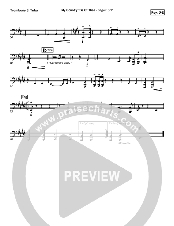 My Country Tis Of Thee Trombone 3/Tuba (PraiseCharts Band / Arr. Daniel Galbraith)