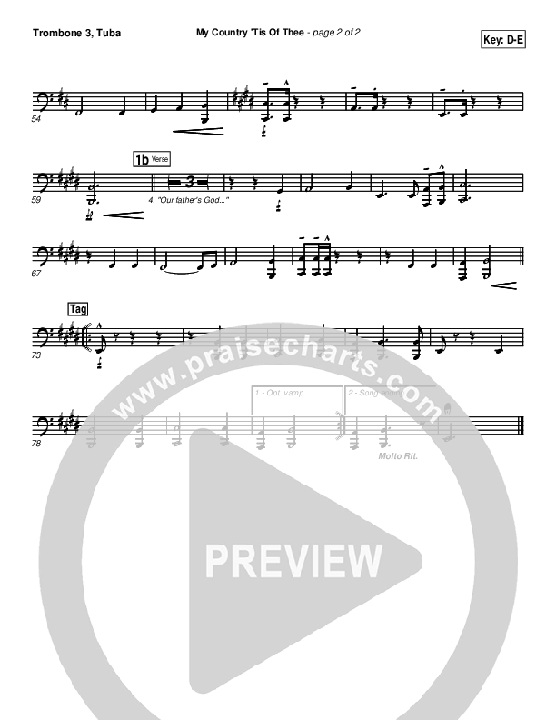 My Country Tis Of Thee Trombone 3/Tuba (PraiseCharts Band / Arr. Daniel Galbraith)