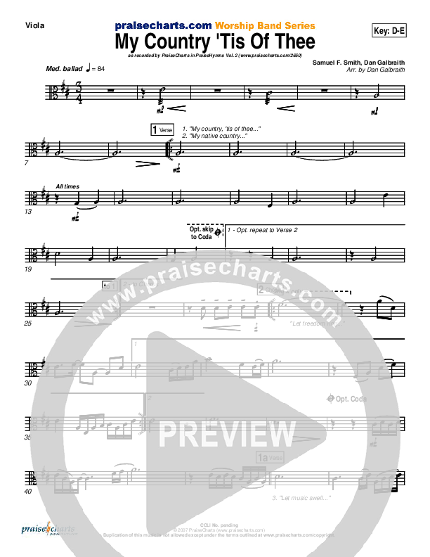 My Country Tis Of Thee Viola (PraiseCharts Band / Arr. Daniel Galbraith)