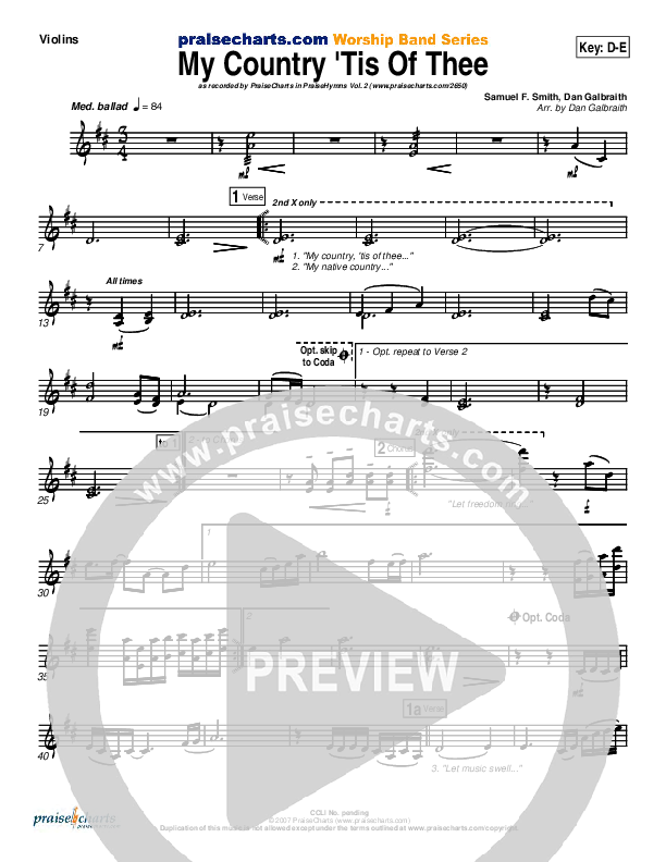 My Country Tis Of Thee Violins (PraiseCharts Band / Arr. Daniel Galbraith)