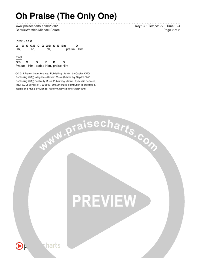 Oh Praise (The Only One) Chords & Lyrics (Centricity Worship / Michael Farren)