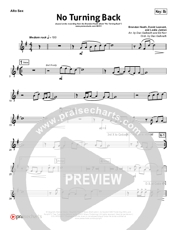 No Turning Back Alto Sax (Brandon Heath)