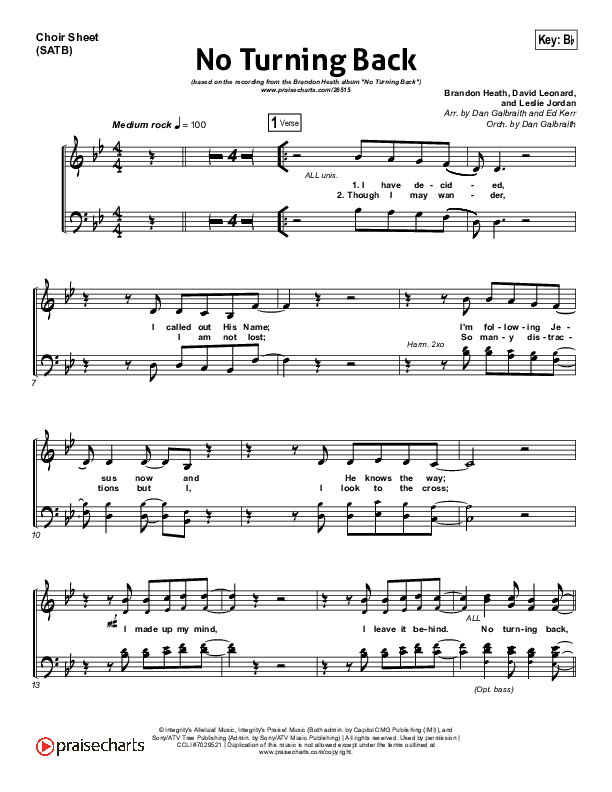No Turning Back Choir Sheet (SATB) (Brandon Heath)