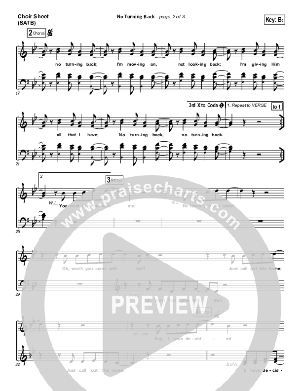 No Turning Back Choir Sheet (SATB) (Brandon Heath)