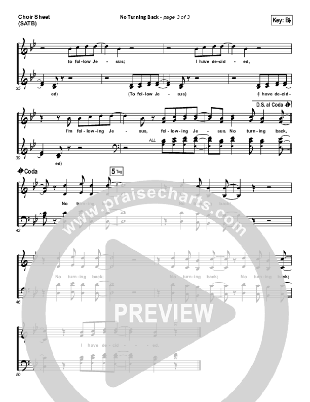 No Turning Back Choir Sheet (SATB) (Brandon Heath)