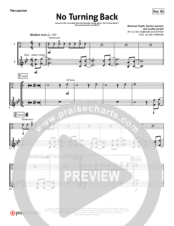 No Turning Back Percussion (Brandon Heath)