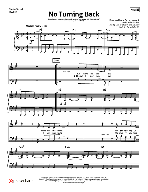 No Turning Back Piano/Vocal (SATB) (Brandon Heath)