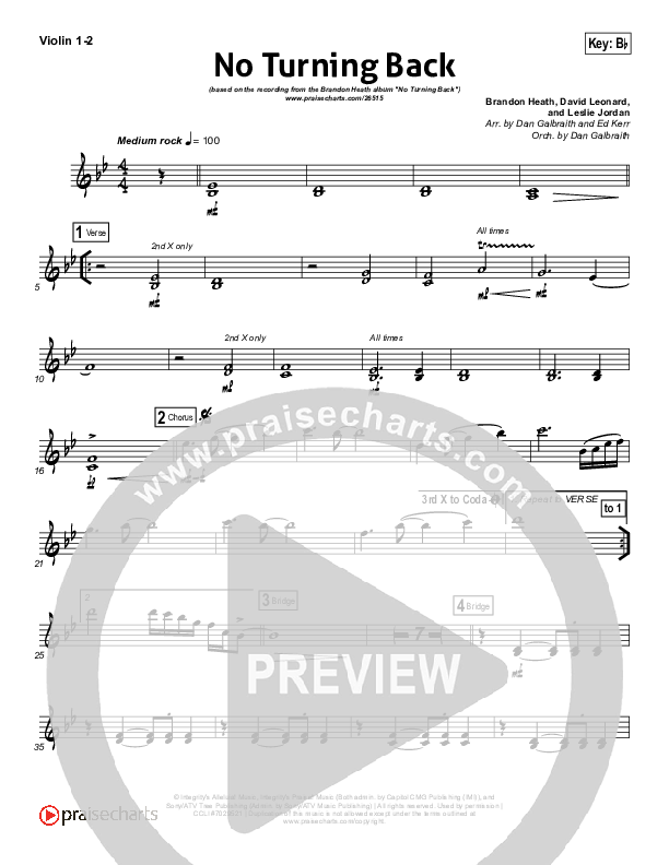 No Turning Back Violin 1/2 (Brandon Heath)