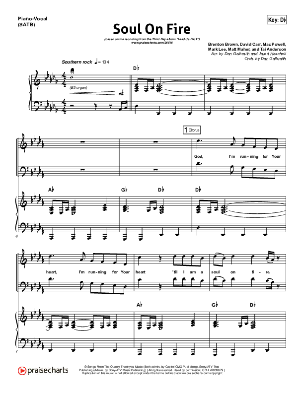 Soul On Fire Piano/Vocal (SATB) (Third Day)
