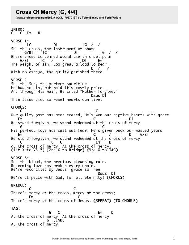 Cross Of Mercy  Chords & Lyrics (Toby Baxley)