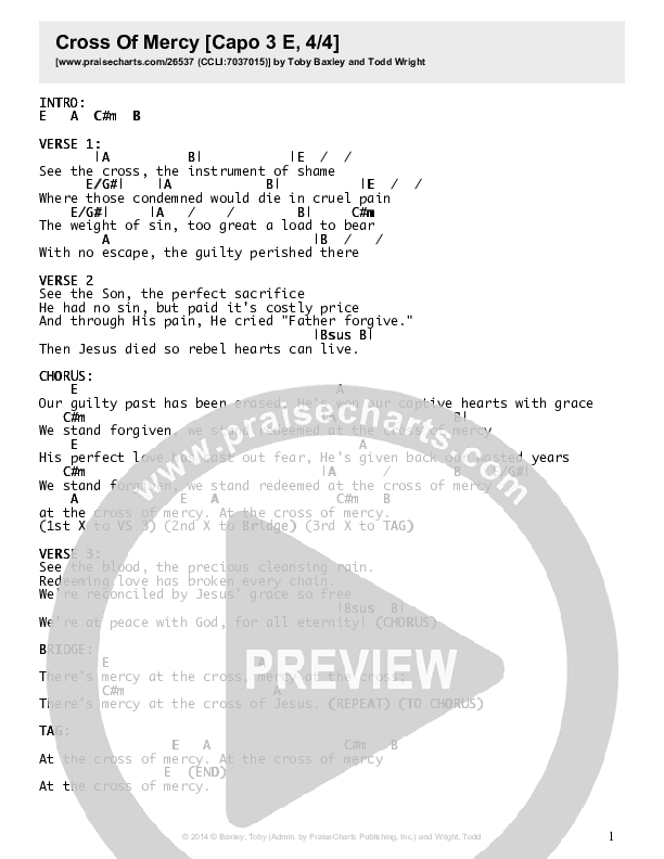 Cross Of Mercy  Chords & Lyrics (Toby Baxley)