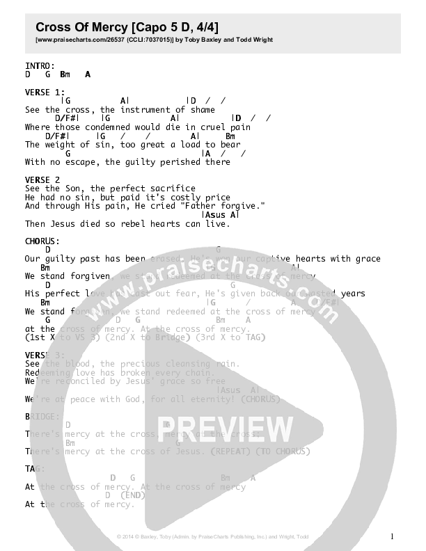Cross Of Mercy  Chords & Lyrics (Toby Baxley)