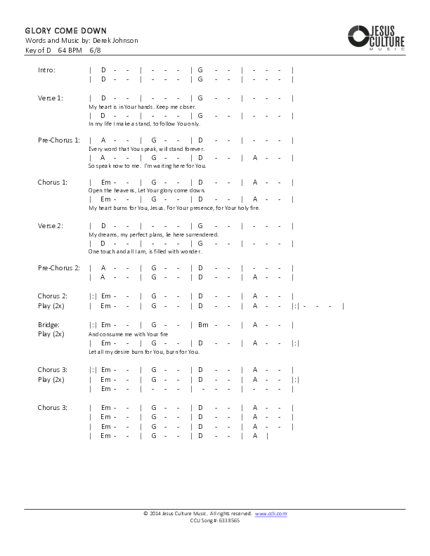 Glory Come Down Chord Chart (Derek Johnson)