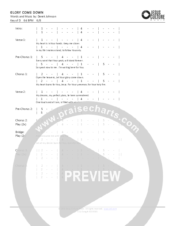 Glory Come Down Chord Chart (Derek Johnson)
