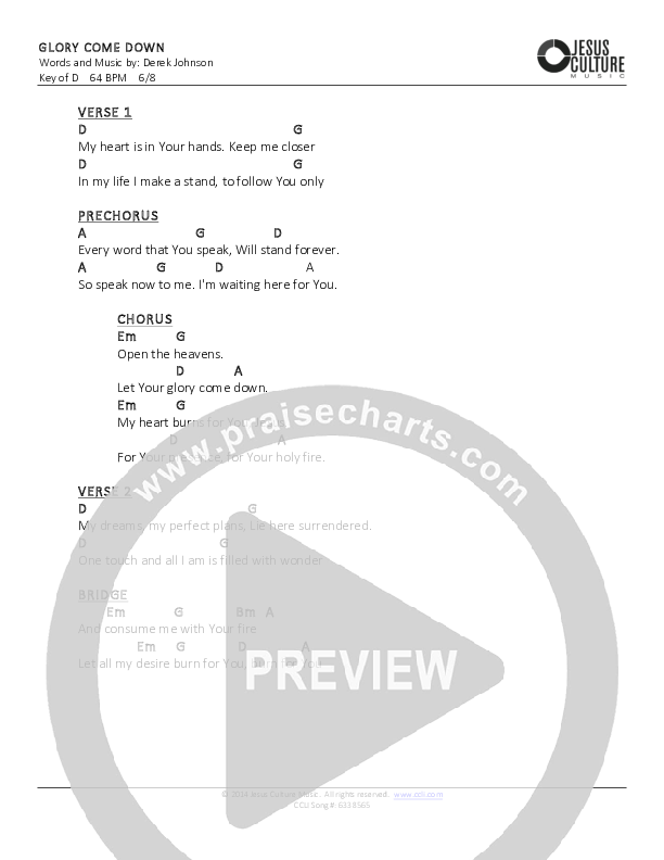 Glory Come Down Chord Chart (Derek Johnson)