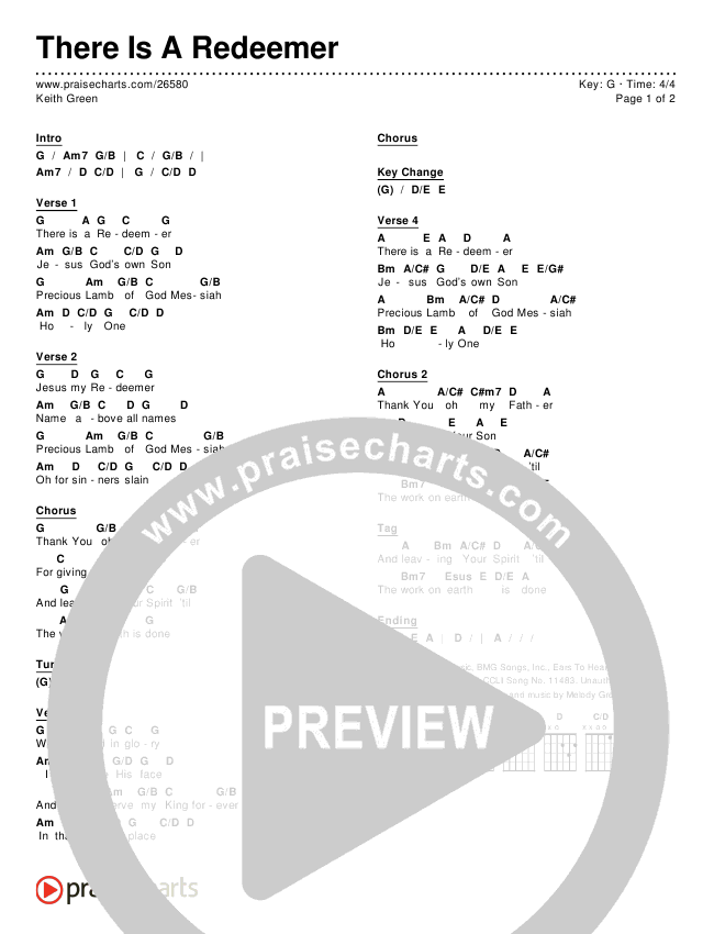 There Is A Redeemer Chords PDF (Keith Green) - PraiseCharts
