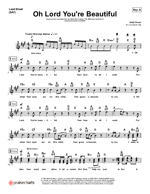 Oh Lord You're Beautiful Lead Sheet (SAT) (Keith Green)