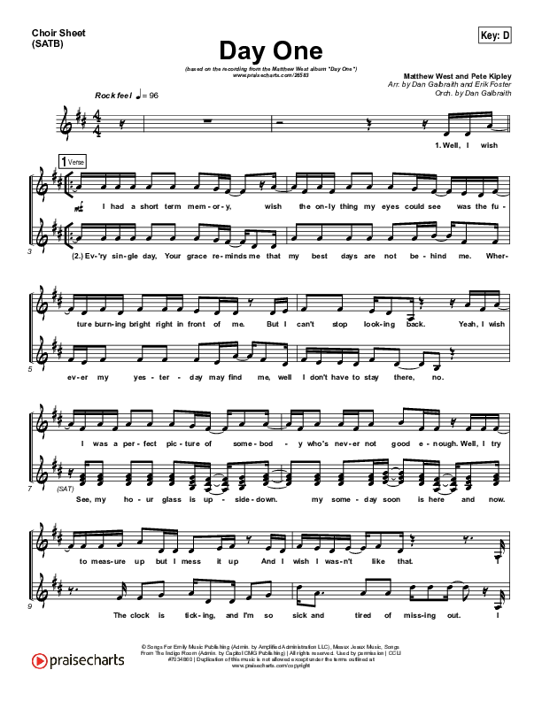 Day One Choir Sheet (SATB) (Print Only) (Matthew West)