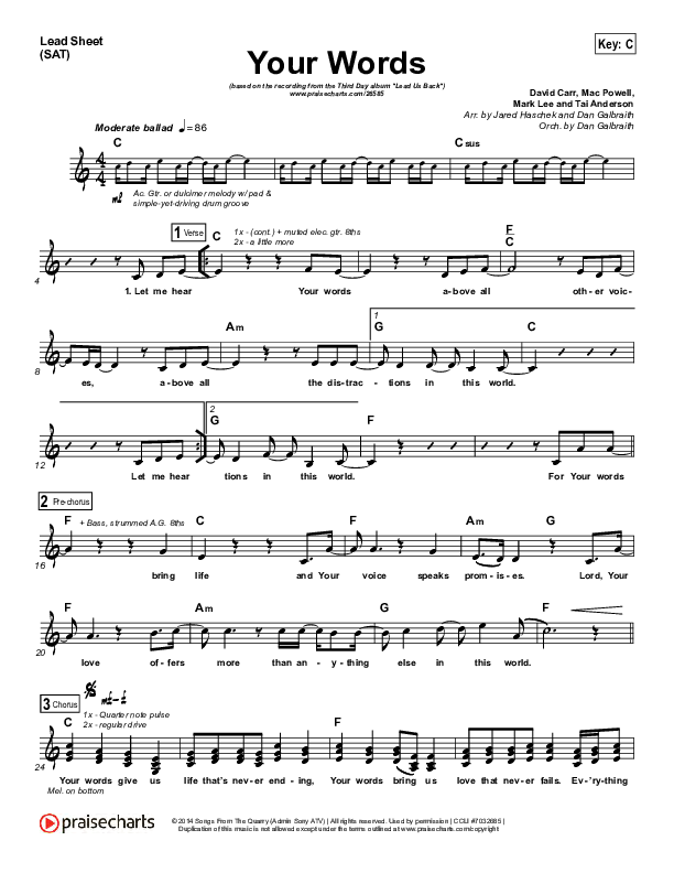 Your Words Lead Sheet (SAT) (Third Day)