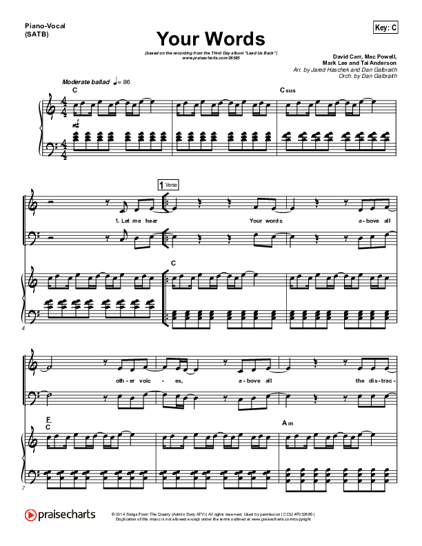 Your Words Piano/Vocal (SATB) (Third Day)