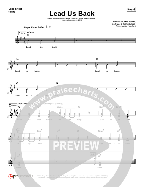 Lead Us Back Lead Sheet (SAT) (Third Day)