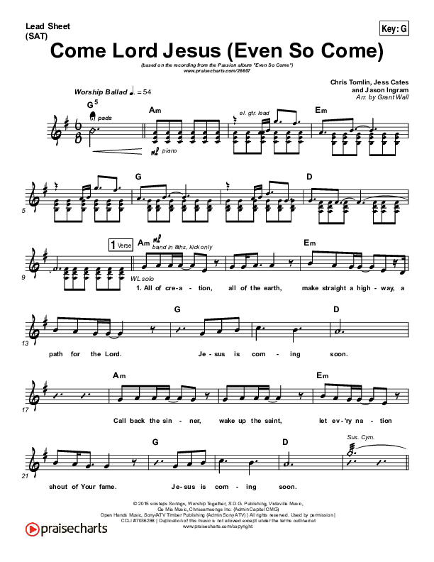 Even So Come Lead Sheet (SAT) (Passion / Chris Tomlin)