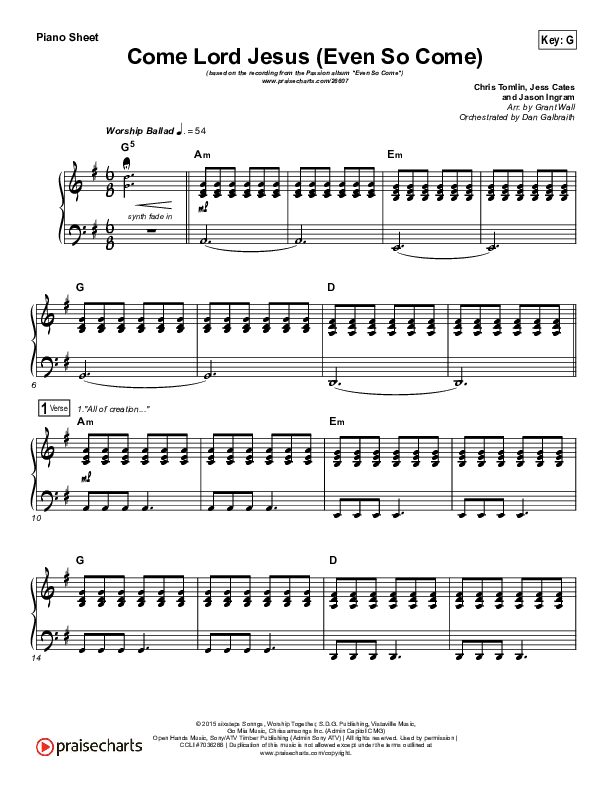 Even So Come Piano Sheet (Passion / Chris Tomlin)