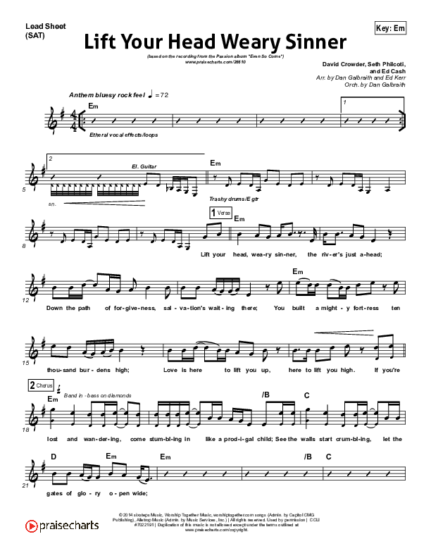 Lift Your Head Weary Sinner (Chains) Lead Sheet (SAT) (Passion / David Crowder)
