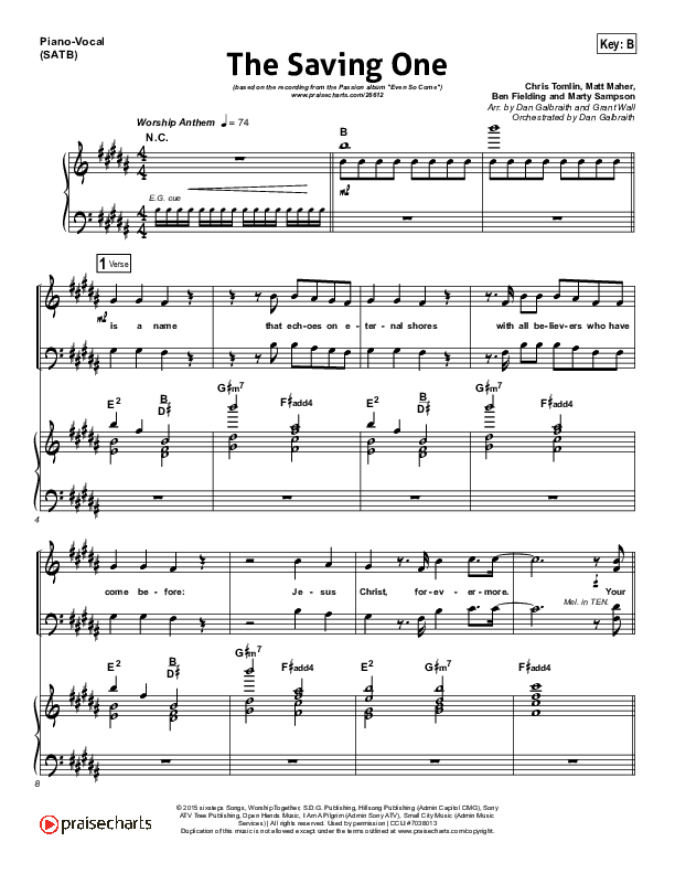The Saving One Piano/Vocal (SATB) (Passion / Chris Tomlin)